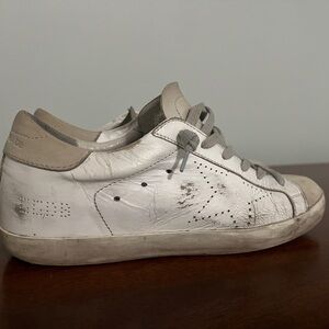Leather Low-Top Sneakers in White and Gray - Women's